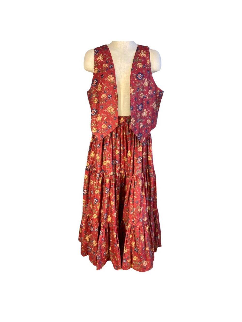 Vintage 70s Hand Made Western Red Calico Print Tiered Prairie Midi Skirt Size OS